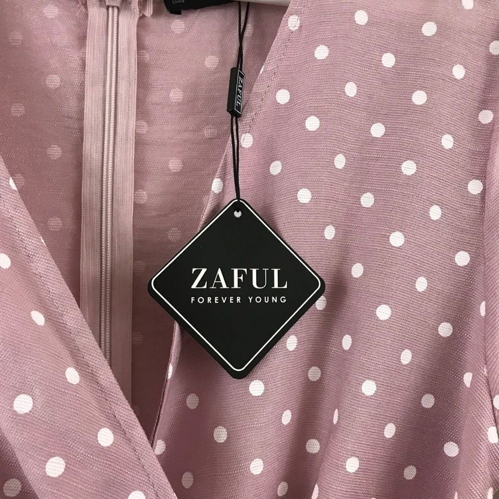 Zaful Women's 6 Ruffled Wrap Mini Dress Mauve Pink Polka Dot Frilly Coquette New - Picture 3 of 7